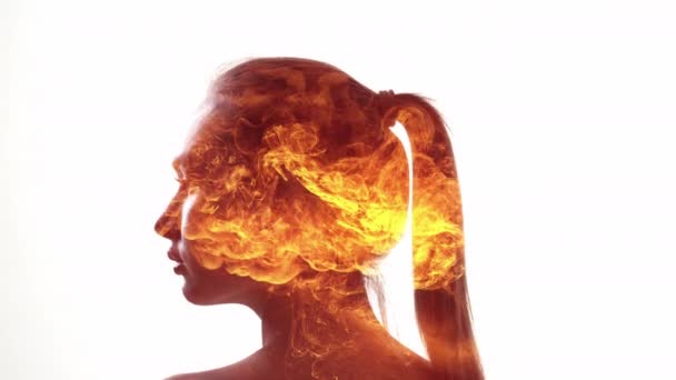 Emotional burnout anxiety attack woman head flames — Video