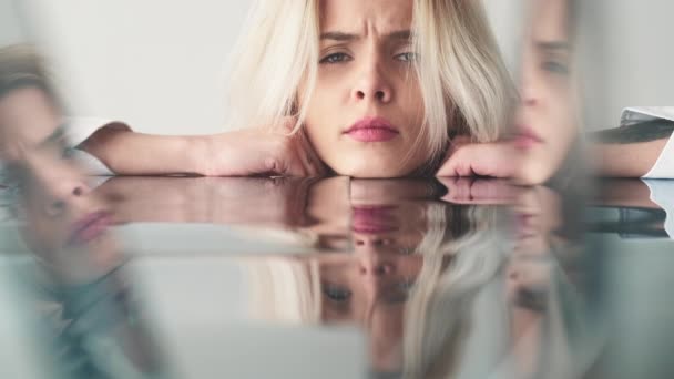 Unhappy woman depression problem mirror reflection — стоковое видео
