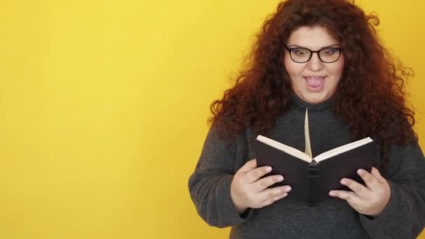 Book lover reading passion impressed smart woman — Stockvideo