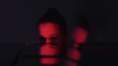 mysterious woman surreal face eyes neon light