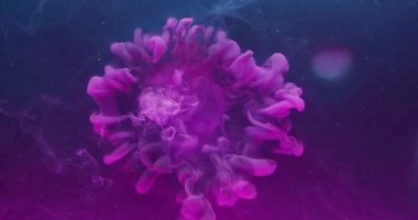 Mürekkep rengi karışımı. Su damlasını boya. Geçiş etkisini gösteriyor. Neon mavisi sıvı canlı mor duman dokusuna sıçrıyor. Kırmızı Sinema Kamera 6k 'nin özet arka plan görüntüsü..