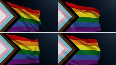 Gökkuşağı bayrağı. LGBT hakları. Eşcinsel hoşgörüsü. 5 renkli sembollü İlerleme Gururu Koleksiyonu topluluk birliğinin sembolü. 4 'lü pamuk desenli gerçekçi 3D illüstrasyon.