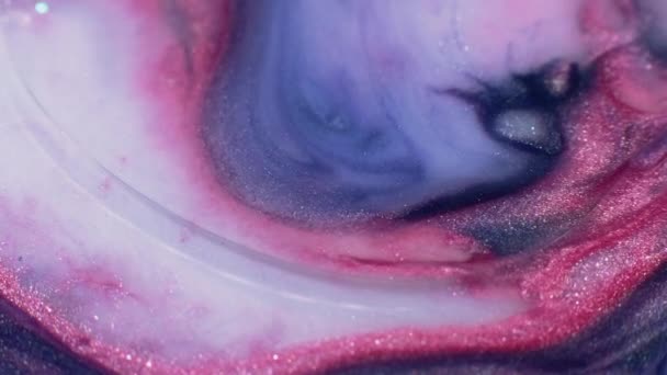 Tintenmilchmischung Vorhanden Glitzernde Flüssigkeitswelle Suminagashi Marmor Textur Rosa Blau Weiß — Stockvideo