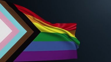 LGBT bayrağı. Eşcinsel hakları. Çeşitlilik toleransı. Eşitlik hareketinin 5 renk sembollü İlerleme Gururu gökkuşağı. Sallanan pamuk dokusuyla gerçekçi 3D animasyon.
