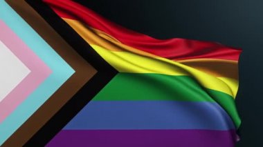 Gökkuşağı bayrağı. LGBT hakları. Eşcinsel hoşgörüsü. Toplumun birliğinin 5 renk sembollü İlerleme Gururu. Dalgalı pamuk dokusuyla gerçekçi 3D animasyon.