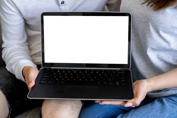 Virtuelles Leben Digitale Attrappe Computertechnologie Unbekannter Hält Geöffneten Laptop Mit — Stockfoto