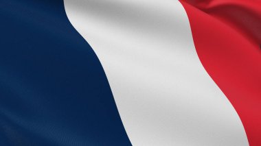 Fransa bayrağı. Paris işareti. Avrupa ülkesi. 14 Temmuz 'daki Bastille Günü kutlamalarının üç renkli ulusal vatanseverlik sembolü. Pamuk desenli gerçekçi 3D illüstrasyon.