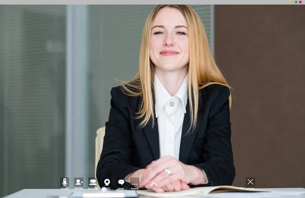 Virtuelles Treffen Geschäftsfrau Screen Attrappe Glückliche Elegante Dame Beim Firmen — Stockfoto