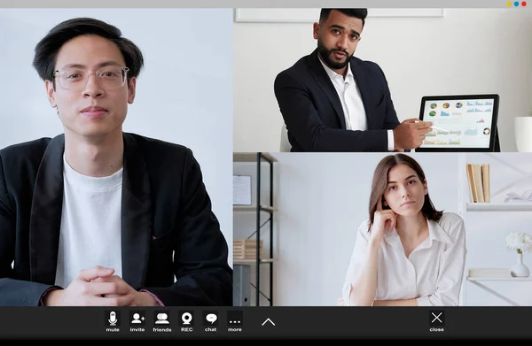 Online training. Business coaching. Screen mockup. handsome man showing data information to male and female colleagues on webinar in light room interior.