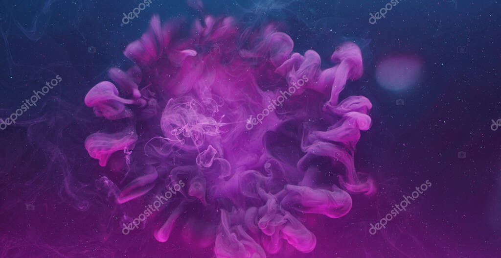 Ink color blend. Paint water drop. Transition reveal effect. Neon pink blue fluid splash on vibrant purple fume texture creative abstract background shot on Red Cinema camera 6k.