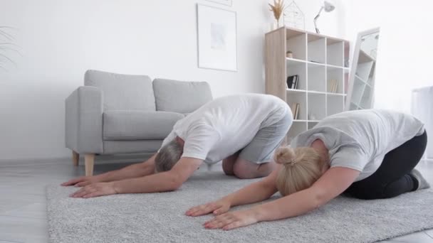 Familientraining Yoga Hause Indoor Fitness Entspannte Tochter Mittleren Alters Vater — Stockvideo