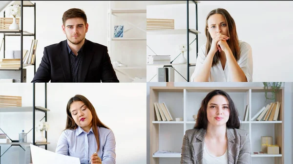 Virtual conference. Video call. Boring presentation. Corporate telework. Screenshot of exhausted tired business team working from home at digital office.