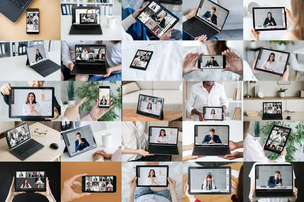 Video call collage. Virtual meeting. Internet cooperation. Corporate teleconference. Montage collection of different business people working online on gadget screen.