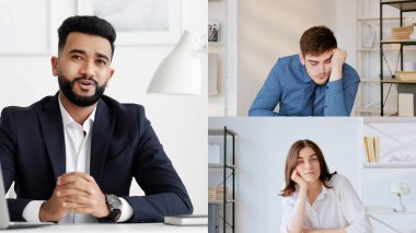 Grup görüntülü konuşma. Webinar işi. İşbirliği mi? Şirket telgrafı. Evde dijital ofiste çalışan yorgun meslektaşların ekran görüntüsü.