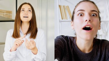 Görüntülü konuşma. Sanal toplantı. Uzaktan görüşme. Mesafe iletişimi. Şaşırmış kadın arkadaşlarının çevrimiçi sohbetlerinin ekran görüntüsü.