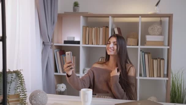 Çevrimiçi Iletişim Güzel Kadın Mobil Bağlantı Mutlu Kahkahalarla Gülen Kadın — Stok video