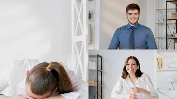 Corporate video call. Fun web chat. Remote communication. Screenshot of business team laughing online discussing sleeping colleague at virtual office.