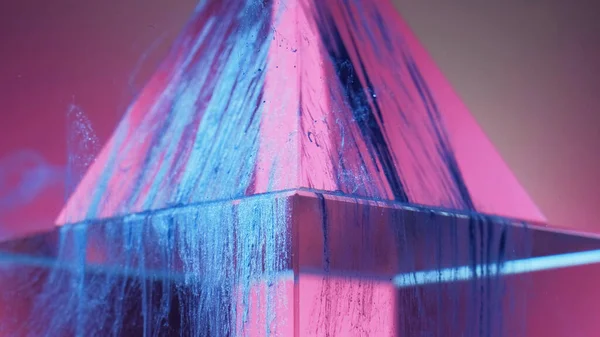 Neon cyberpunk background. Ink water drip. Futuristic waterfall. Fluorescent blue color glitter fluid cascade on pink glowing transparent glass pyramid geometric abstract design.