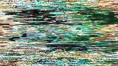 Arıza sanatı. VHS ses dokusu. Statik bozulma üst üste geldi. Yeşil turuncu renkli bulanık titreşimli dalga analog objeler soyut arkaplan.