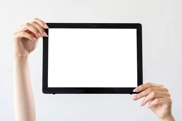 Mobile Technology Digital Information Advertising Background Female Hands Holding Tablet — 스톡 사진