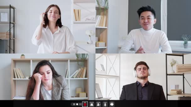 Webvergadering Video Interview Zakelijk Telewerken Afstandelijke Samenwerking Screenshot Van Vermoeide — Stockvideo
