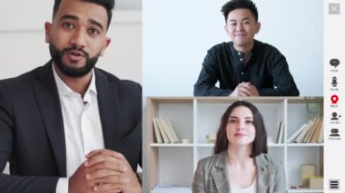 Grup görüntülü konuşma. Uzaktan kumanda. İnternet iletişimi. Sanal ofiste çeşitli profesyonel iş adamlarının beyin fırtınalarının ekran görüntüsü.
