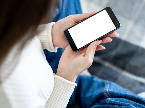 Online Information Digital Mockup Mobile Connection Unrecognizable Woman Holding Smartphone —  Fotos de Stock