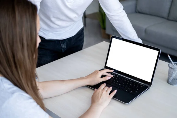 Online Conference Distance Work Computer Mockup Unrecognizable Woman Sitting Desk — Stockfoto