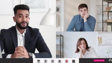 Grup video toplantısı. Kurumsal Webinar. Uzaktan eğitim. Sanal ofiste online sunum izleyen çeşitli iş adamlarının ekran görüntüsü.