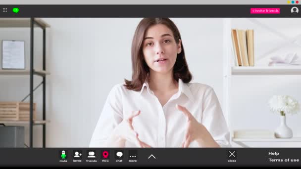 Conference Recording Satisfied Woman Screen Mockup Happy Relaxed Lady Sitting — Vídeos de Stock