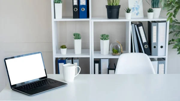 Office Work Computer Mockup Online Technology Opened Laptop Blank Screen — Stok fotoğraf