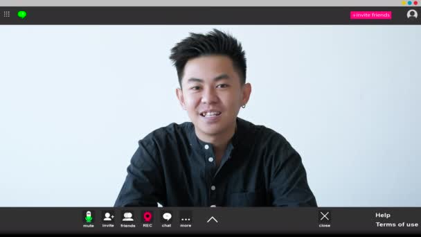 Online Education Greeting Man Screen Mockup Positive Smart Guy Sitting — Vídeos de Stock