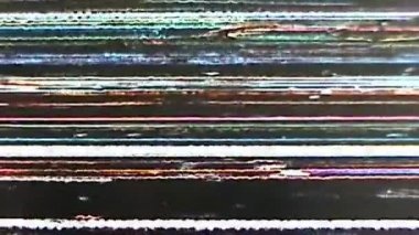 Glitch overlay. VHS noise texture. Video damage. Orange blue black color flicker stripe vibration artifacts on dark retro abstract background.