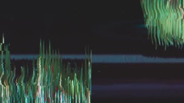 Glitch overlay. Old film texture. Digital error. Green blue orange black color flicker fuzzy lines static analog noise artifacts dust scratches on dark abstract background.