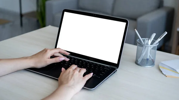 Distance Work Computer Mockup Digital Life Female Hands Typing Laptop — Stockfoto