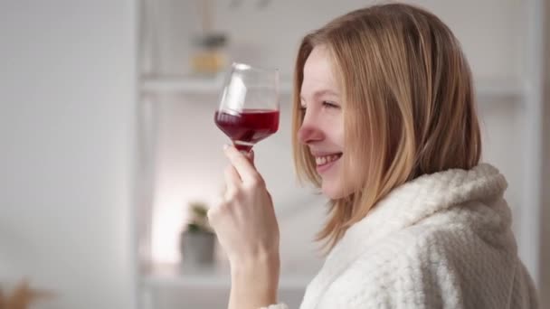 Morning Wine Luxury Drink Relaxing Lifestyle Happy Smiling Woman Bathrobe — Stock Video