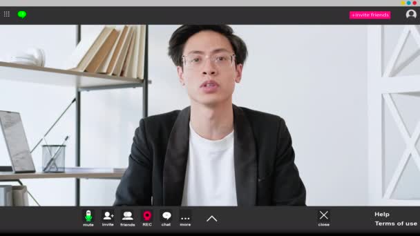 Virtuellt Möte Pratar Man Skärmdump Smart Kille Sitter Skrivbord Med — Stockvideo