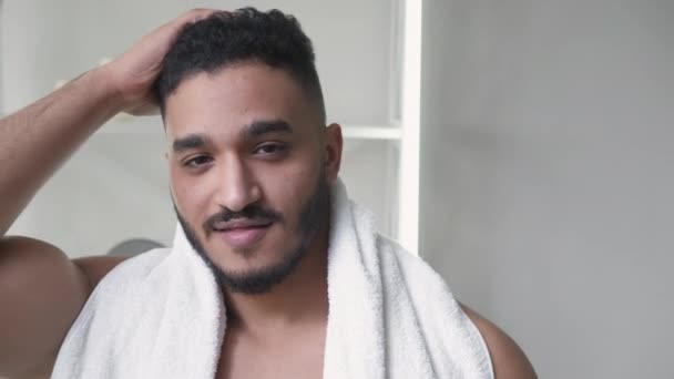 Hair Beard Care Morning Grooming Hygiene Routine Confident Satisfied Man — стоковое видео
