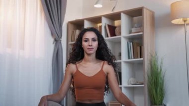 Happy woman. Good mood. Optimistic lifestyle. Female wellness. Pretty cheerful young lady toothy smile face at cozy home living room.