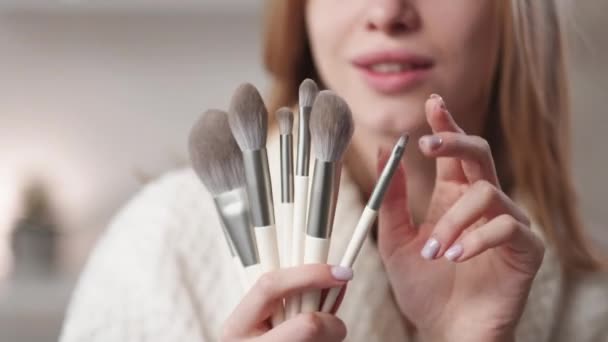 Makeup Brush Set Visage Tools Beauty Accessories Woman Hands Holding — 图库视频影像