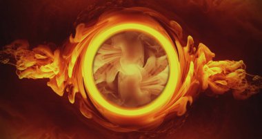 Renkli duman halkası. Yanan girdap. Esrarengiz geçit. Cehennem patlaması. Altın turuncu kırmızı buhar çerçeve koyu siyah soyut arkaplanda parlıyor.
