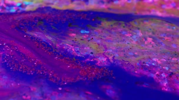 Creative Art Fluid Magic Painting Process Purple Blue Glittered Stream — Video Stock