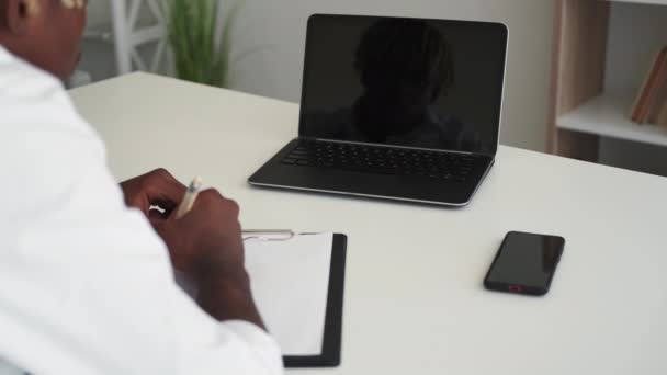 Distance Work Office Man Virtual Communication Unrecognizable Black Guy Sitting — Wideo stockowe