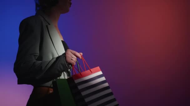 Black Friday Super Sale Shopping Advertising Unrecognizable Fashionable Woman Customer — Vídeo de Stock