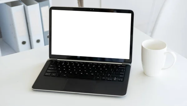 Online Technology Computer Mockup Distance Work Opened Laptop Blank Screen — Stockfoto