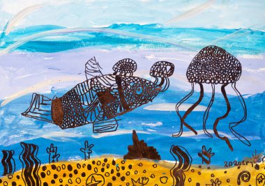 Kids art. Marine world. Creative improvisation. Artistic combined work of sea with paints and drawing fish jelly-fish and water grass.