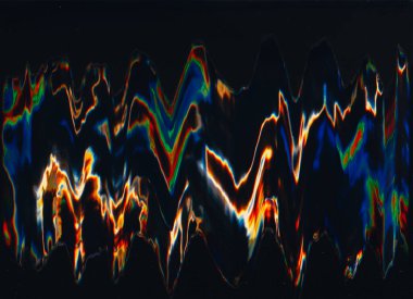 Neon noise texture. Glitch art. Futuristic interference. Fluorescent blue orange green color flare on dark black illustration abstract background.