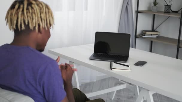 Virtual Conference Inspired Man Online Education Happy Black Guy Sitting — Stok video