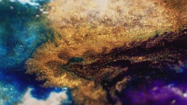 Glitter Paint Mix Sparkling Dye Wave Suminagashi Swirl Blur Gold — Vídeos de Stock