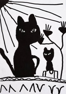 Artistic work. Family cats. Kids inspiration. Pretty big and small kitties drawing black markers on white paper.